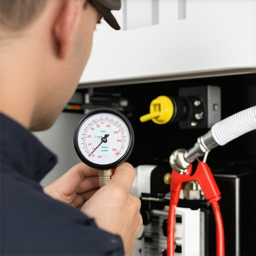 Technician testing refrigerator compressor with pressure gauge