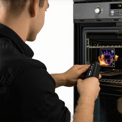 Technician using thermal imaging and electronic testers to diagnose oven issues.