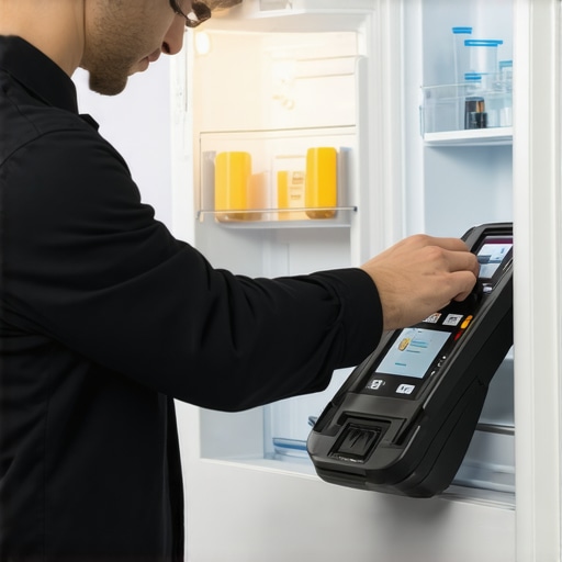 Technician using diagnostic tools on a refrigerator's internal components.