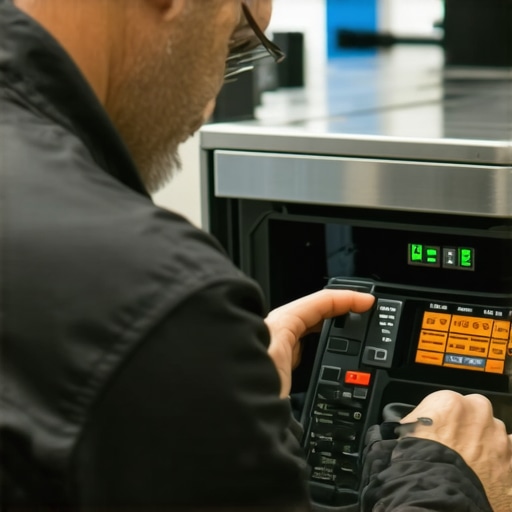 Technician diagnosing oven with advanced electronic tools
