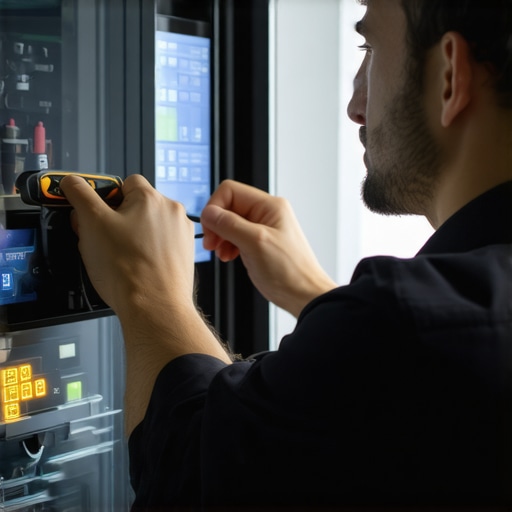 Professional refrigerator diagnostics with advanced tools Technician performing diagnostics on a refrigerator with high-tech equipment
