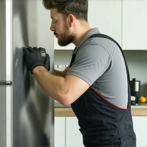 Technician performing diagnostics on a refrigerator with advanced tools in a kitchen setting