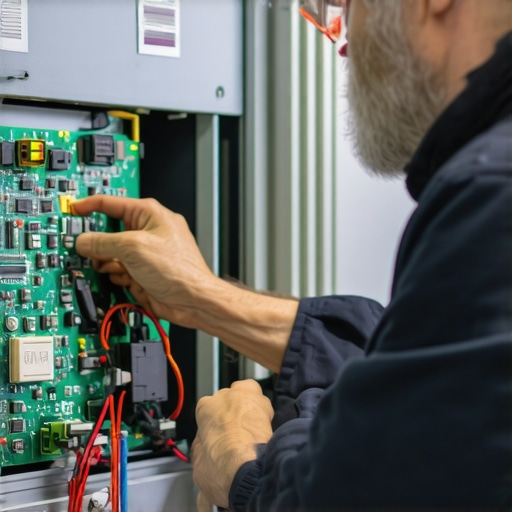 Technician inspecting refrigerator circuit with high-tech diagnostic equipment
