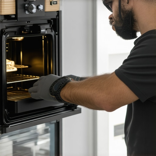 Technician diagnosing an oven with advanced tools in a workshop