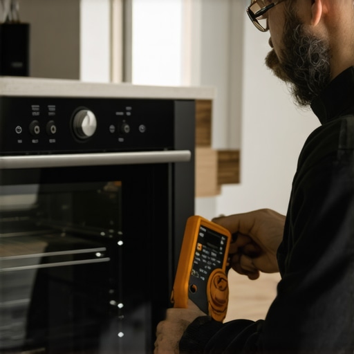 Expert oven diagnostics in action Technician using diagnostic tools on an oven in a modern kitchen