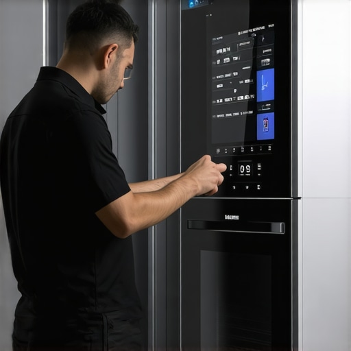 Technician analyzing appliance diagnostics with smart sensors and predictive analytics