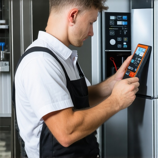 Modern diagnostic tool in use for refrigerator repair Technician connecting diagnostic device to refrigerator control board