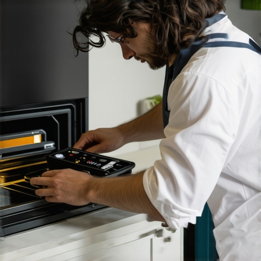 Technician performing diagnostic testing on an oven with advanced tools in a kitchen.
