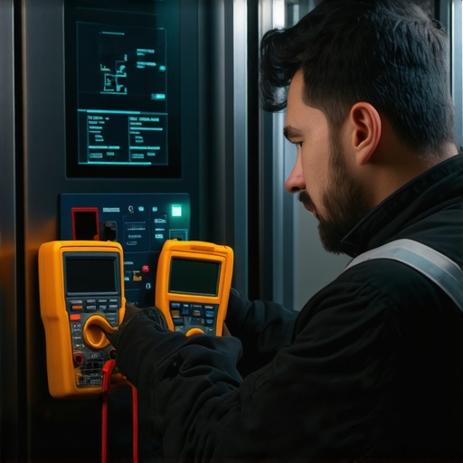 Technician diagnosing refrigerator with digital tools and multimeter.