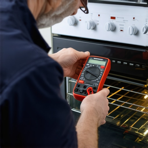 Homeowner testing oven heating element with multimeter for diagnostics