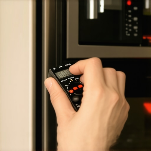 Person testing oven heating element with multimeter in kitchen