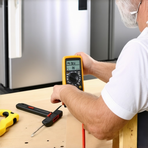 A person using a multimeter and digital thermometer to troubleshoot a refrigerator, with various maintenance tools nearby.