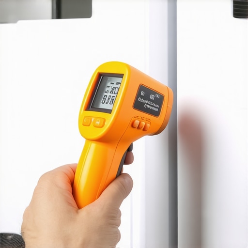 Person using an infrared thermometer to check refrigerator coil temperature as part of routine maintenance.