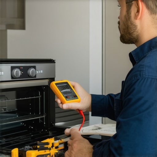 Technician testing oven heating element with multimeter in kitchen