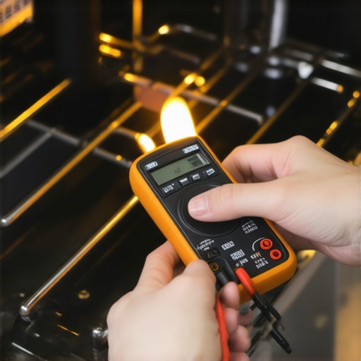 Person testing oven heating element with multimeter for diagnostics