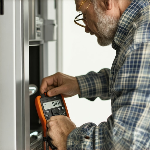 Homeowner testing refrigerator's electrical parts with a multimeter