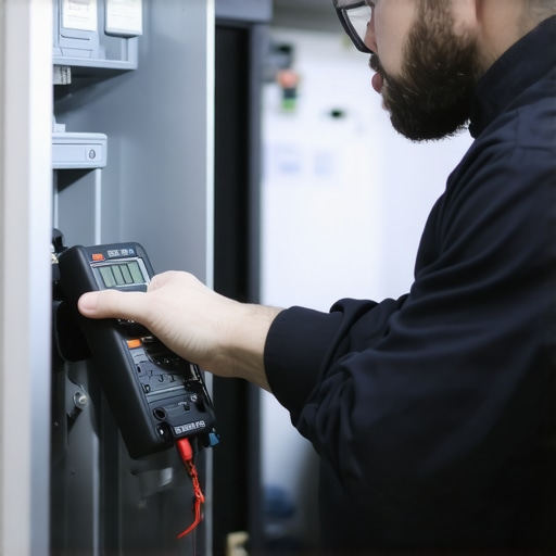 Technician using multimeter to diagnose refrigerator compressor