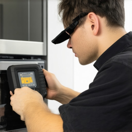 Technician inspecting oven wiring with thermal camera.