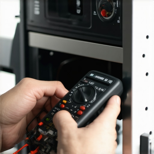 A technician testing an oven's wiring with a multimeter as part of regular maintenance