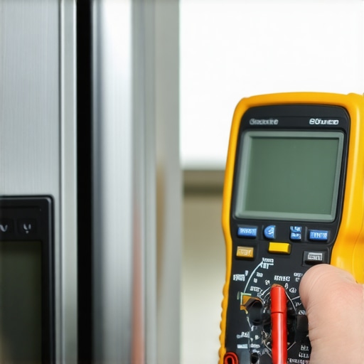 Person testing refrigerator compressor with a multimeter in a home kitchen