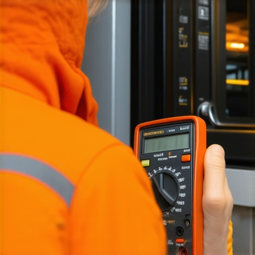 Person testing oven heating element with multimeter for diagnostics
