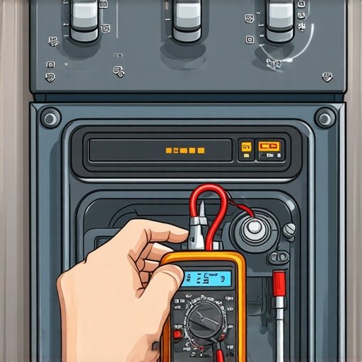 Person inspecting oven components using a multimeter for diagnostics.