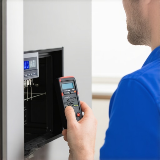 Technician using multimeter to test a refrigerator's control panel in a kitchen.
