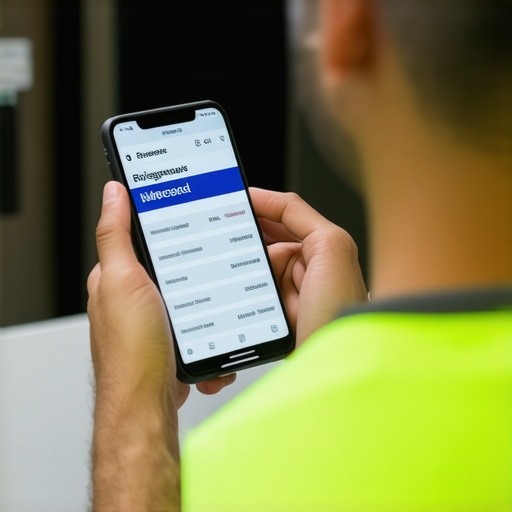 Technician using smartphone to check refrigerator warranty details