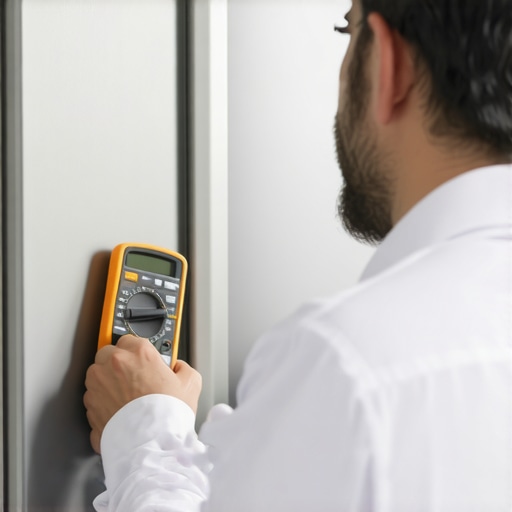 Technician using multimeter to diagnose refrigerator issues in a contemporary kitchen.