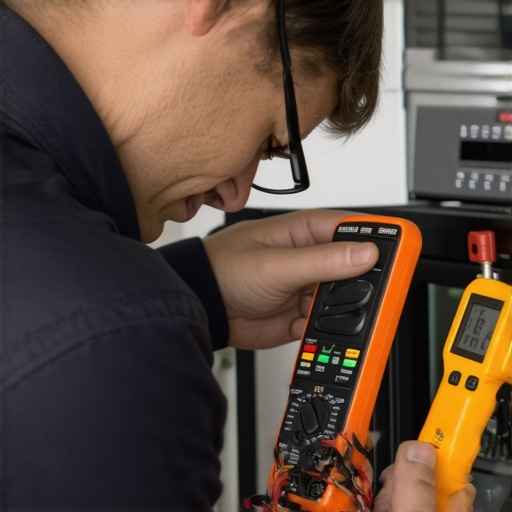 Technician performing diagnostics on appliances with multimeter and infrared thermometer