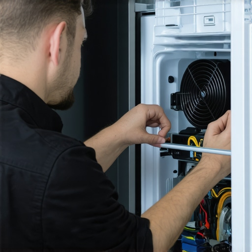 Technician checking refrigerator's coils and fans with tools in kitchen.