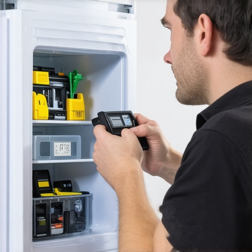 Technician performing diagnostics on refrigerator components, with visible internal parts