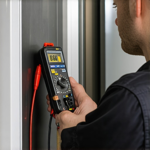 Technician checking a refrigerator's control board using a multimeter for diagnostics.