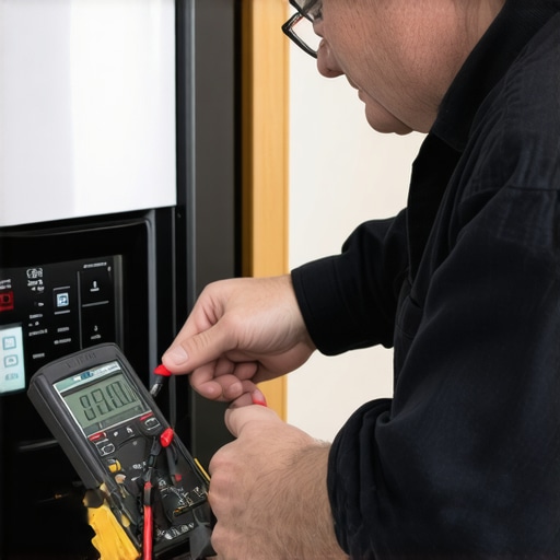 Homeowner diagnosing refrigerator with multimeter and tablet
