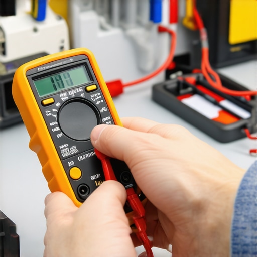 Person testing appliance with digital multimeter in workshop