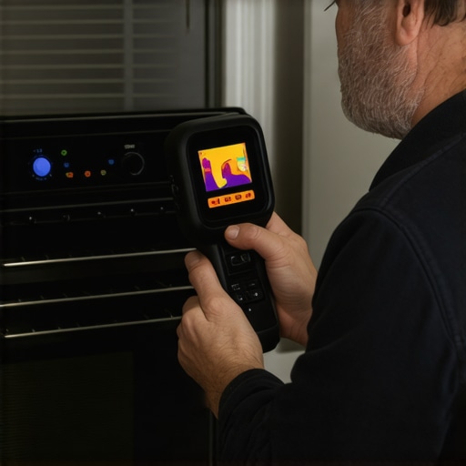 Homeowner performs oven inspection with thermal imaging camera for diagnostics