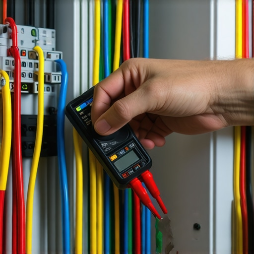 Technician testing oven wiring with a multimeter in a well-lit workshop