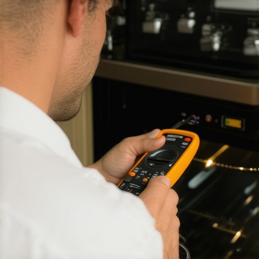 Person testing oven element with multimeter in kitchen