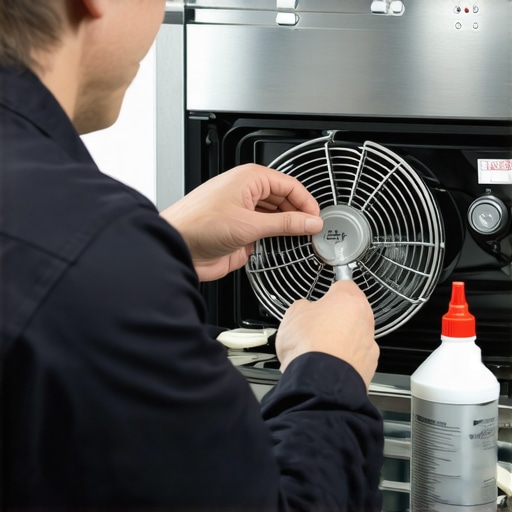 DIY Oven Fan Repair Technician inspecting and cleaning the oven fan blades to reduce noise