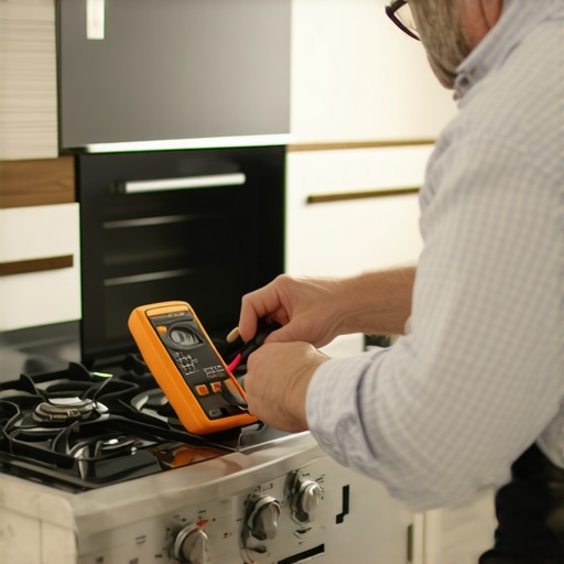 Person testing oven heating element with multimeter during repair