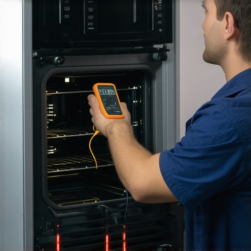 Technician testing an oven's heating element and control components with a multimeter