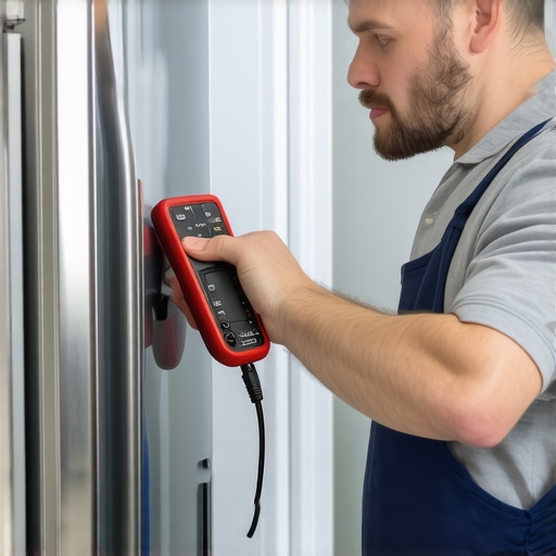 Technician testing refrigerator compressor with multimeter.
