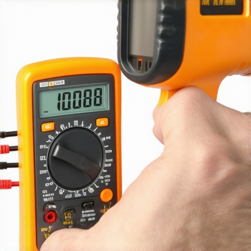 Digital multimeter and infrared thermometer testing a refrigerator coil