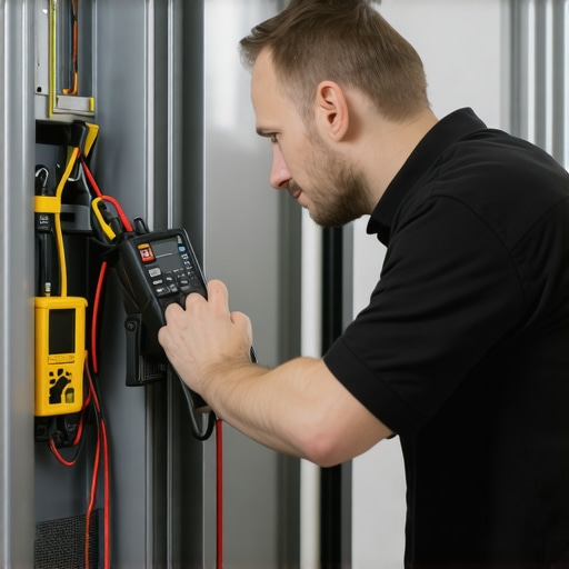 Technician testing refrigerator components with a multimeter during troubleshooting.