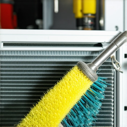 Technician cleaning refrigerator condenser coils to improve cooling efficiency.