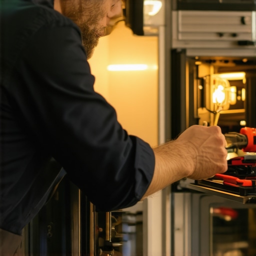 A skilled technician diagnosing oven ignition issue by examining wiring and igniter in a modern kitchen.