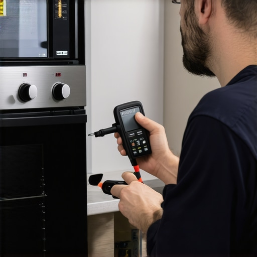 Technician testing oven control panel with multimeter and tools during troubleshooting.
