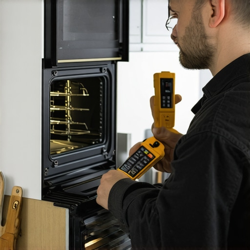 A technician using a multimeter to test oven wiring and heating elements in a bright kitchen environment.