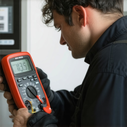 Technician measuring oven temperature and testing electrical connections with a multimeter