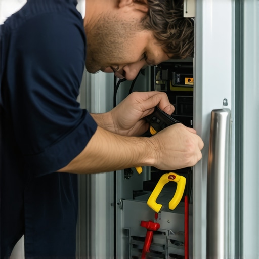 Refrigerator diagnostic test in progress Technician using multimeter to diagnose refrigerator issues